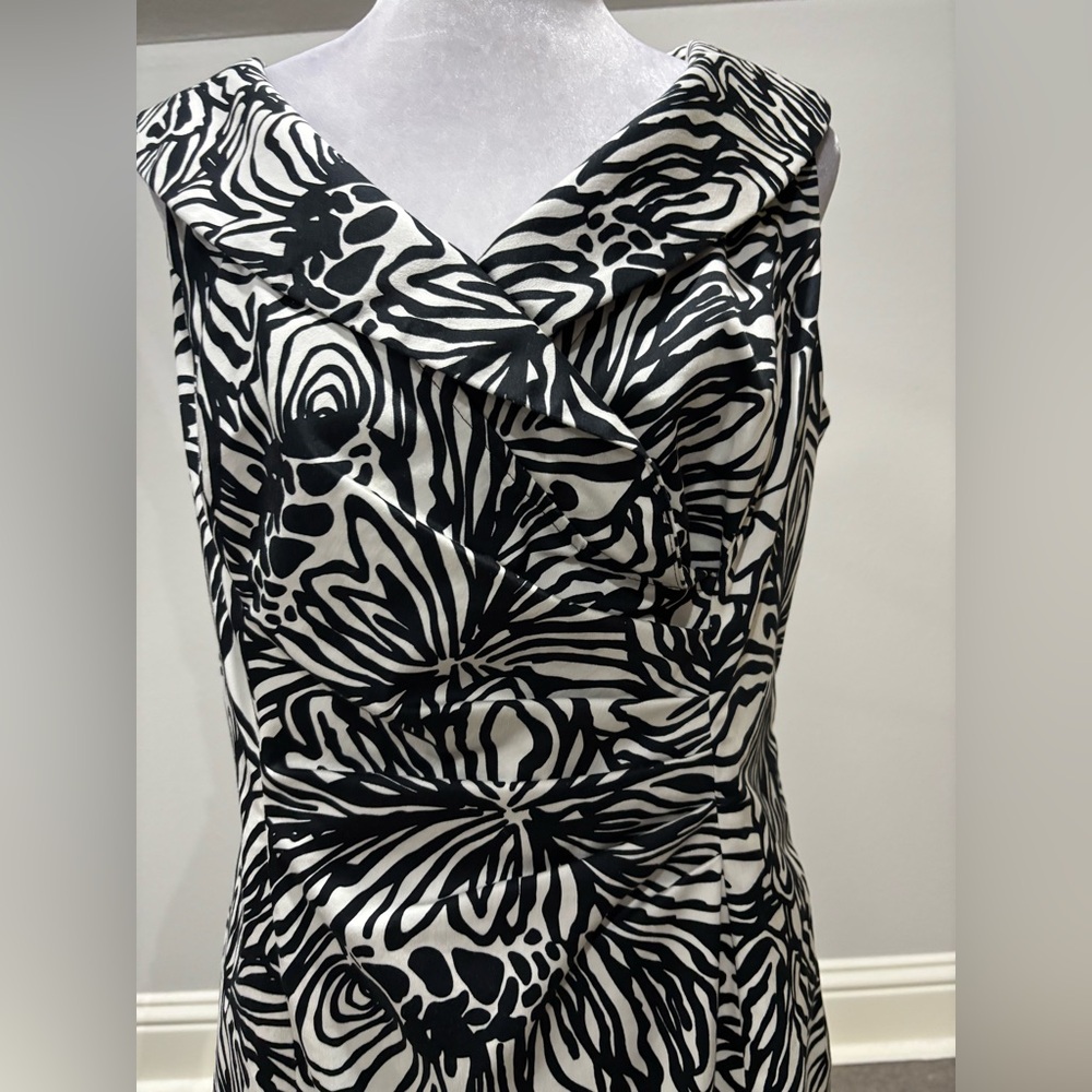 Jones NY Black & White Print Dress 14 Plus Sweetheart Neck Ruched Waist - Picture 2 of 10